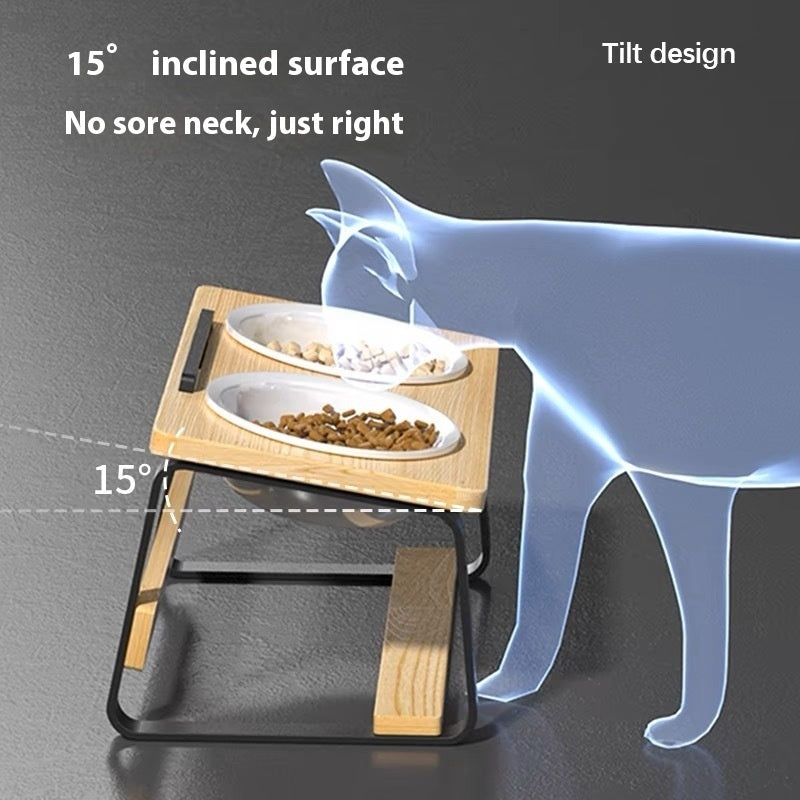 Ceramic Double Pet Bowl Elevated Feeding Stand Spine Support