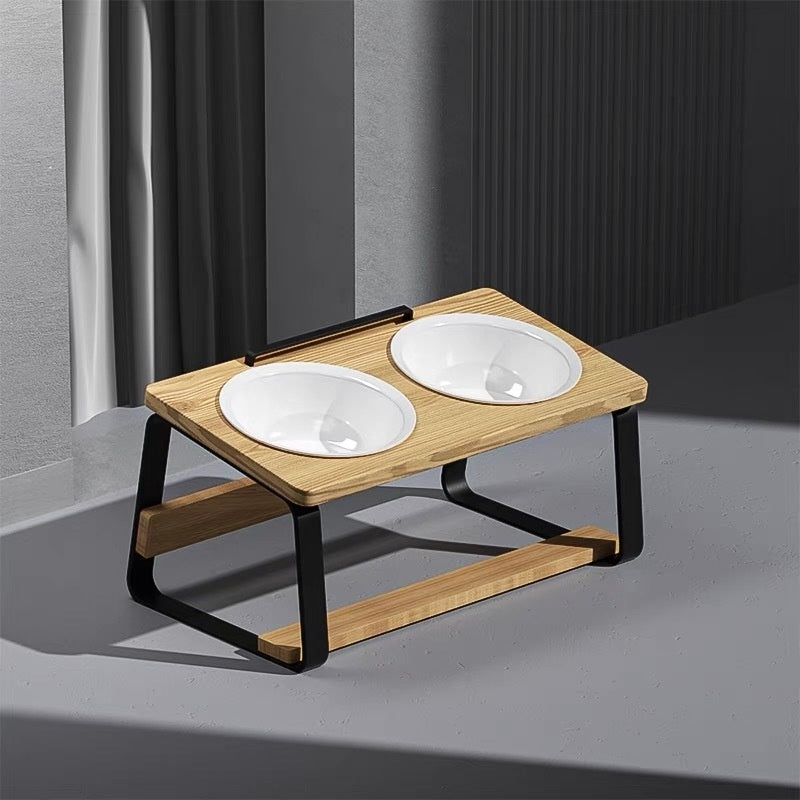 Ceramic Double Pet Bowl Elevated Feeding Stand Spine Support