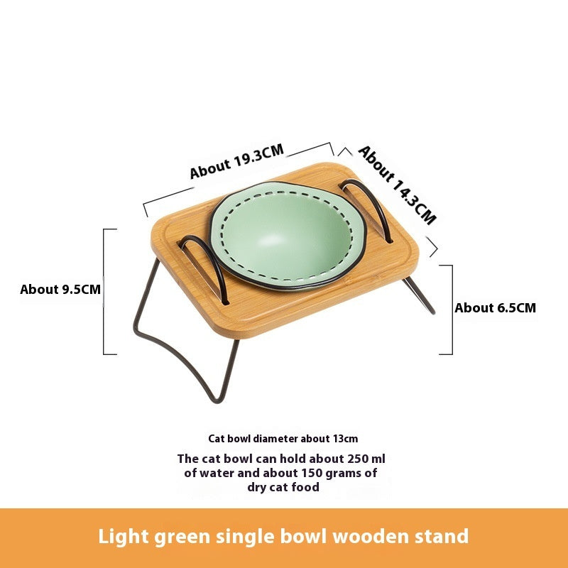 Wooden Pet Feeding Rack Ceramic Anti Spill Tilt Bowl For Easy Cleaning