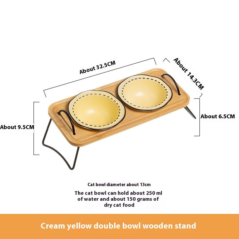Wooden Pet Feeding Rack Ceramic Anti Spill Tilt Bowl For Easy Cleaning