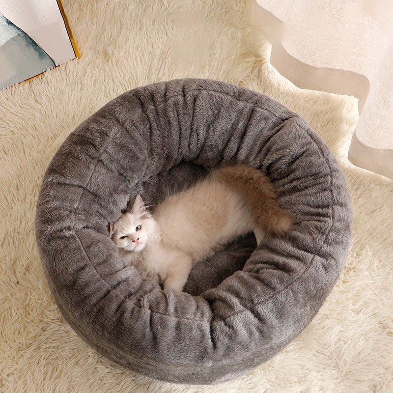 Pet Donut Plush Bed Warm Round Cushion For Pets