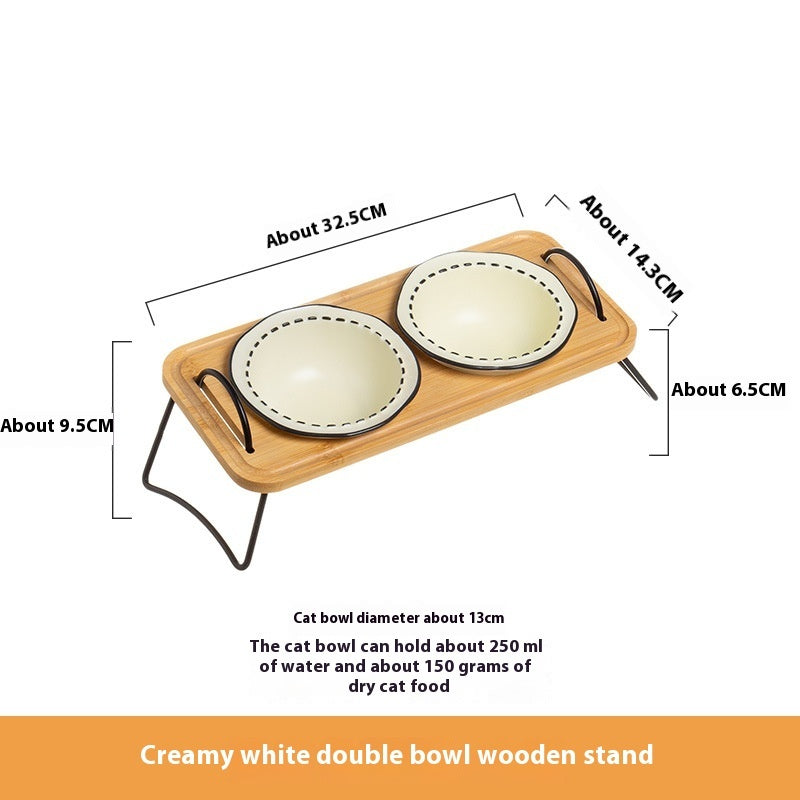 Wooden Pet Feeding Rack Ceramic Anti Spill Tilt Bowl For Easy Cleaning