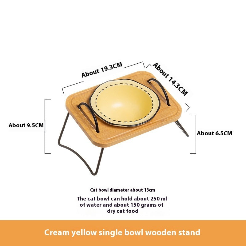 Wooden Pet Feeding Rack Ceramic Anti Spill Tilt Bowl For Easy Cleaning