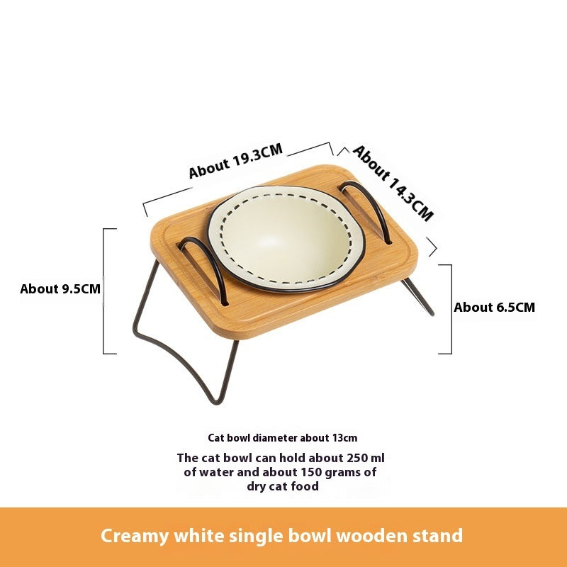 Wooden Pet Feeding Rack Ceramic Anti Spill Tilt Bowl For Easy Cleaning
