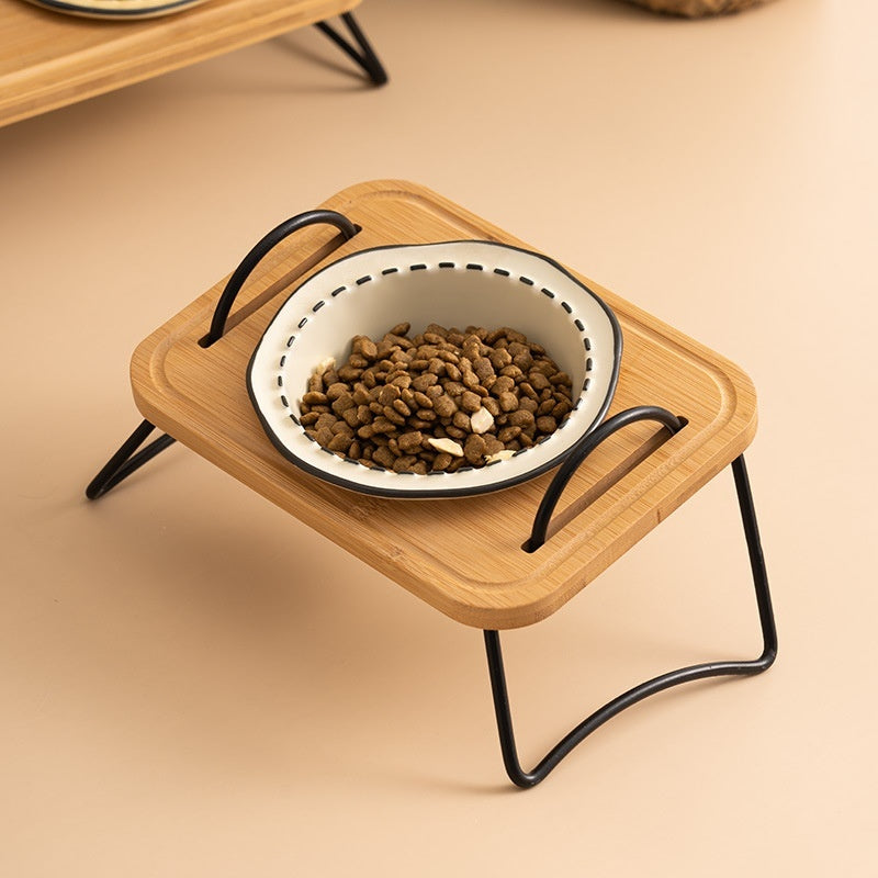 Wooden Pet Feeding Rack Ceramic Anti Spill Tilt Bowl For Easy Cleaning