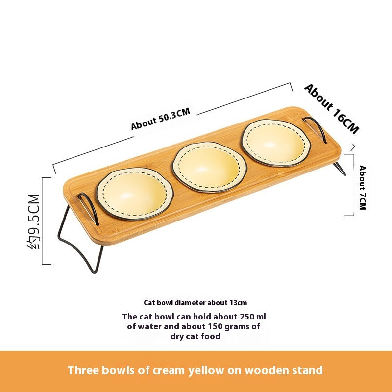 Wooden Pet Feeding Rack Ceramic Anti Spill Tilt Bowl For Easy Cleaning