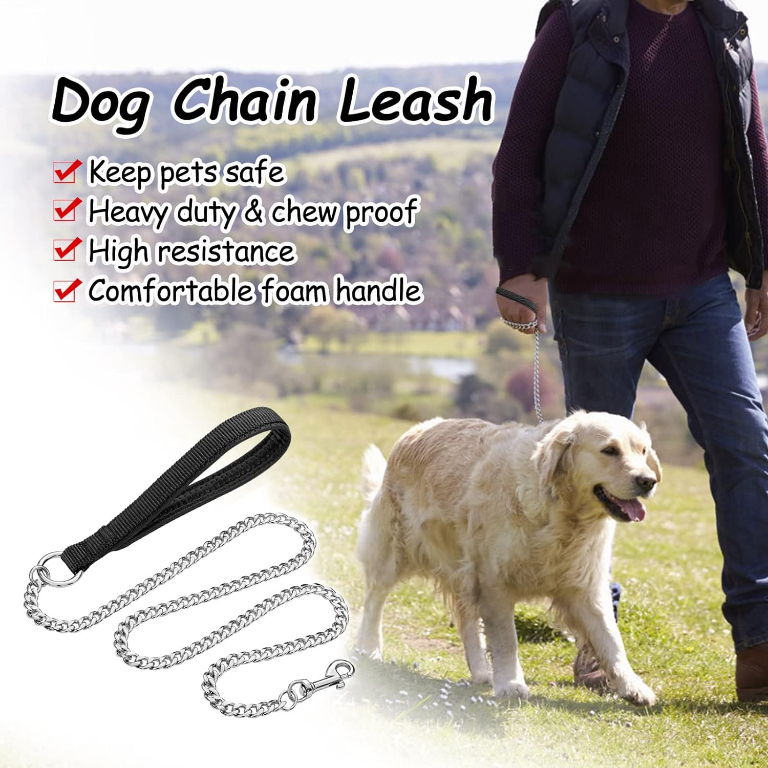 Heavy Duty Metal Pet Leash Chew Proof Chain With Padded Handle
