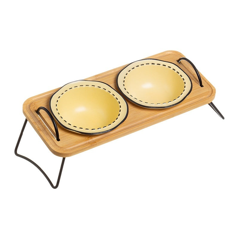 Wooden Pet Feeding Rack Ceramic Anti Spill Tilt Bowl For Easy Cleaning
