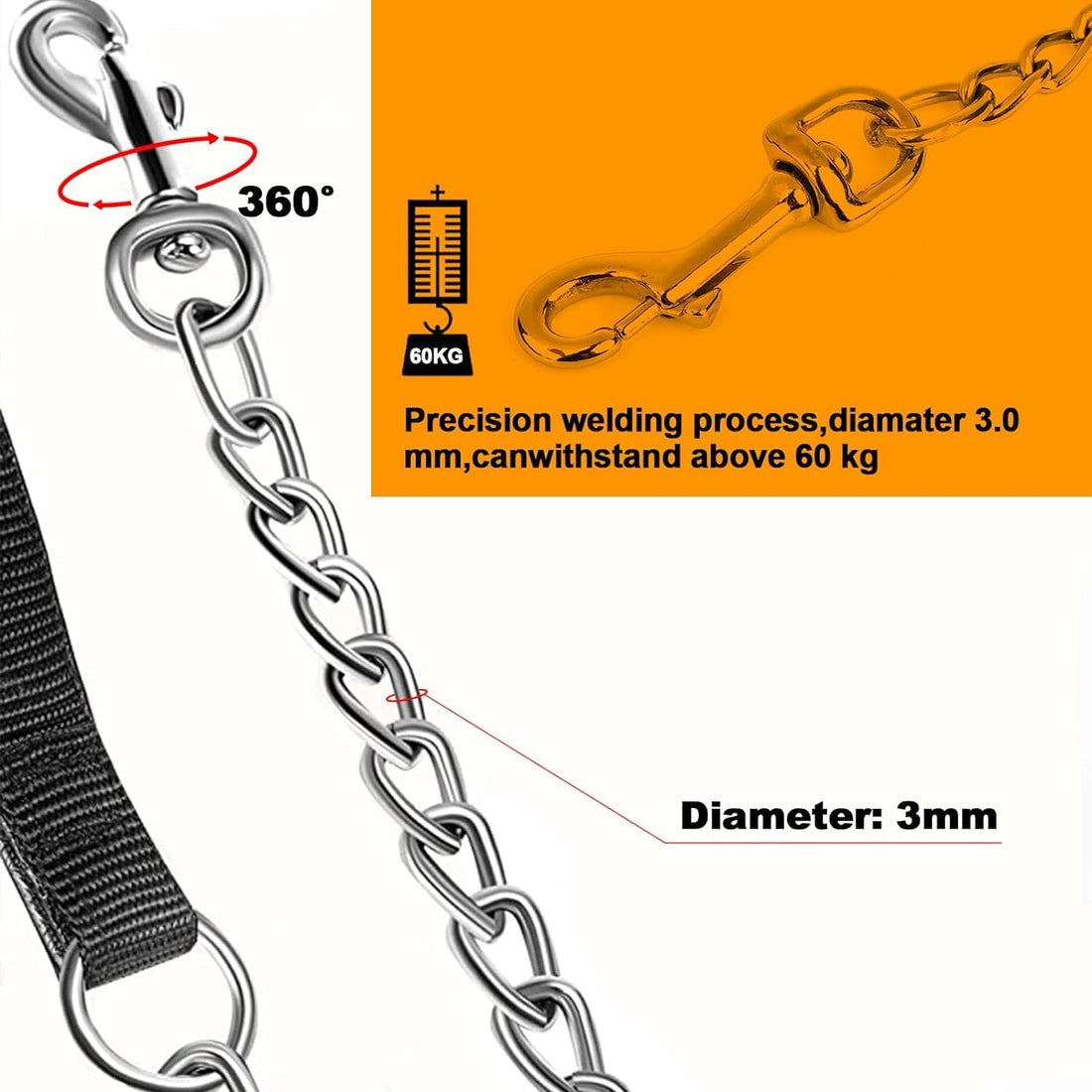 Heavy Duty Metal Pet Leash Chew Proof Chain With Padded Handle