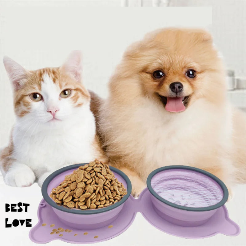 Portable Silicone Double Pet Food Bowls Foldable Non Slip Travel Feeding Bowl