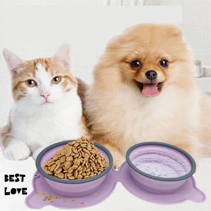 Portable Silicone Double Pet Food Bowls Foldable Non Slip Travel Feeding Bowl