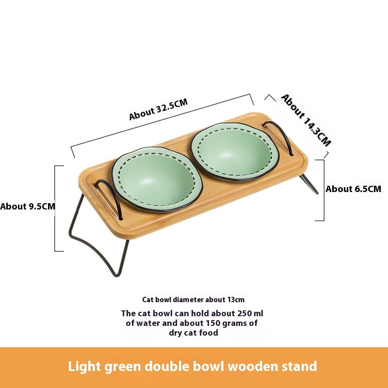 Wooden Pet Feeding Rack Ceramic Anti Spill Tilt Bowl For Easy Cleaning