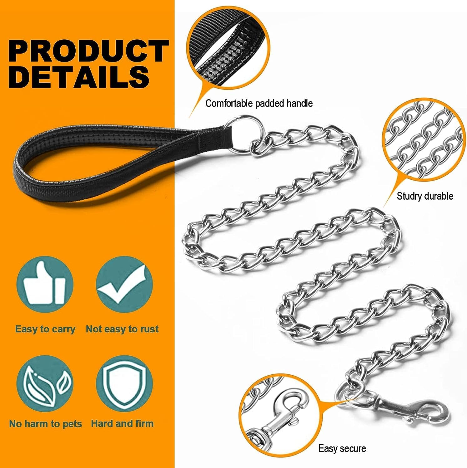 Heavy Duty Metal Pet Leash Chew Proof Chain With Padded Handle