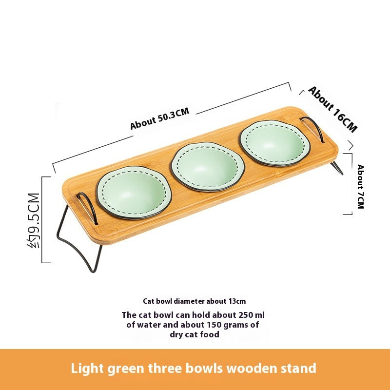 Wooden Pet Feeding Rack Ceramic Anti Spill Tilt Bowl For Easy Cleaning